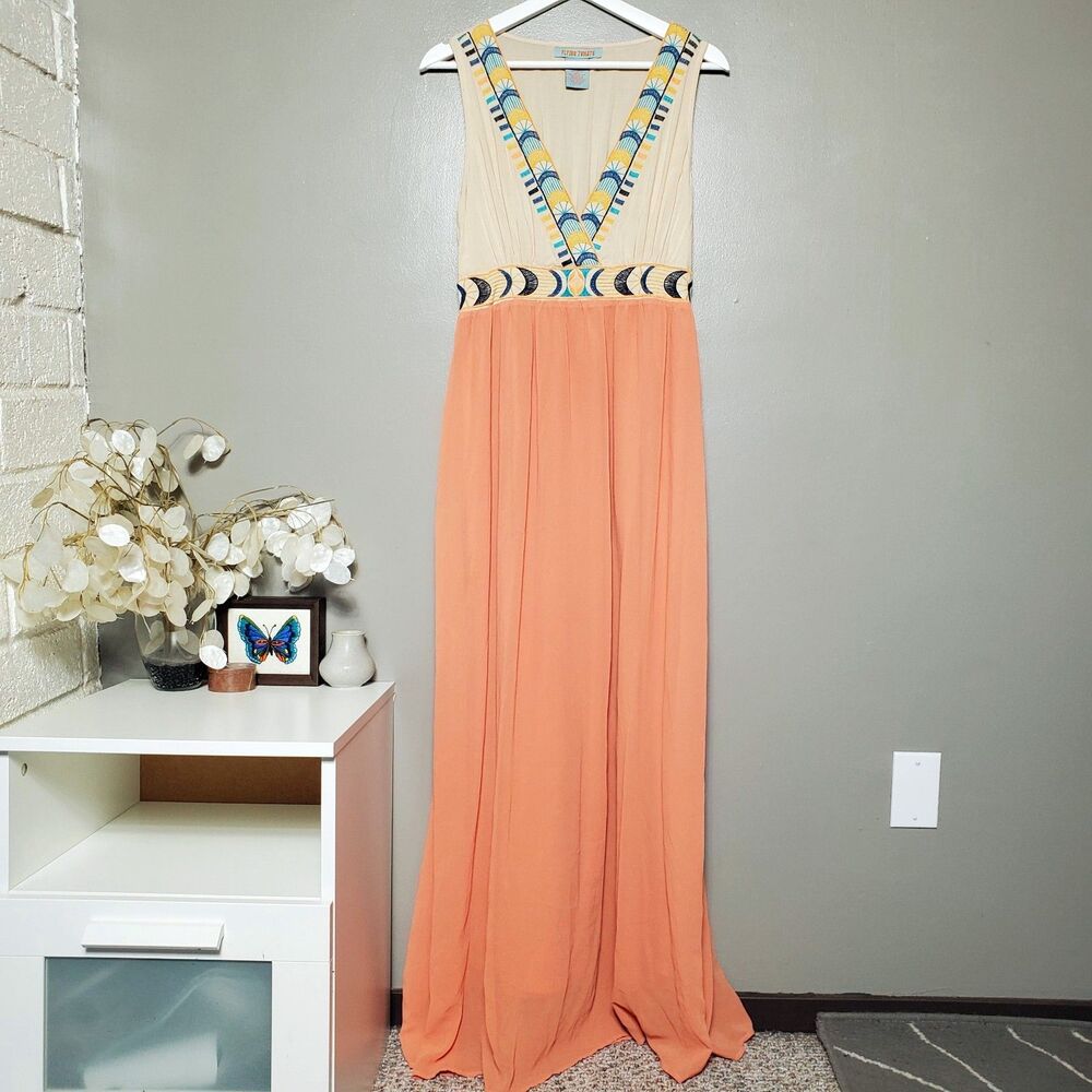 Flying Tomato Maxi Dress Womens Size Large Peach Beige Embroidered Sleeveless